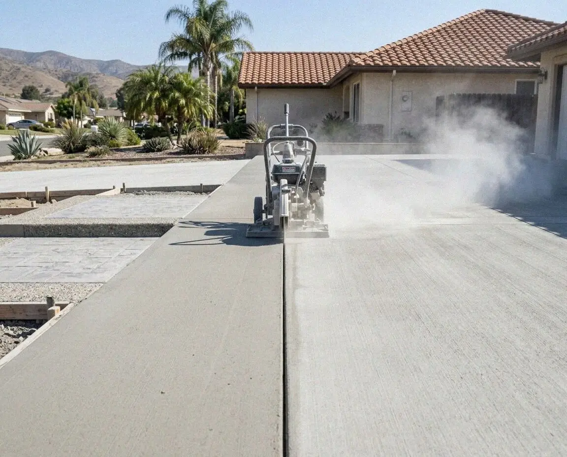 Walk-behind saw cutting a straight joint in a Fullerton, CA slab