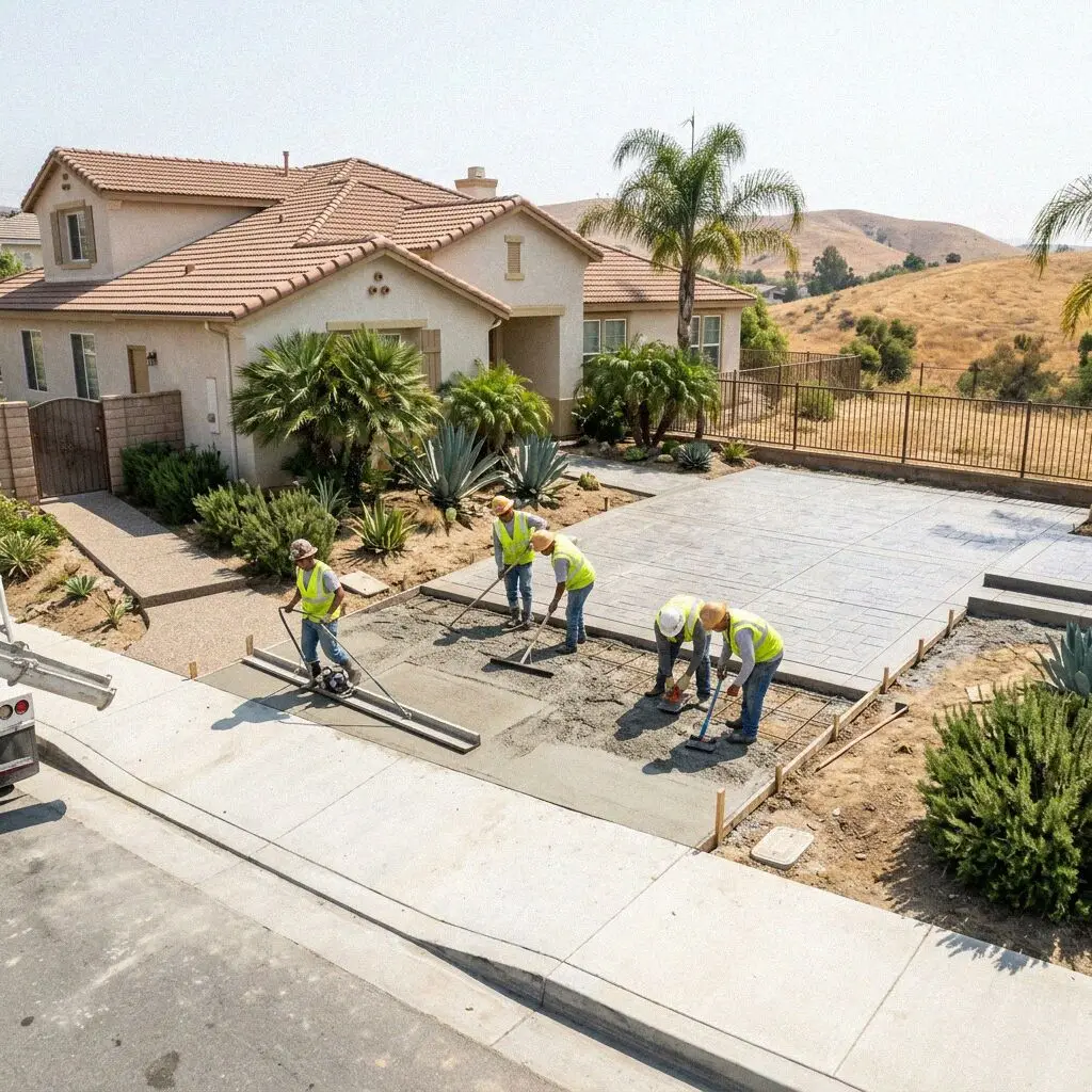 Fullerton concrete crew finishing a slab on a tract street